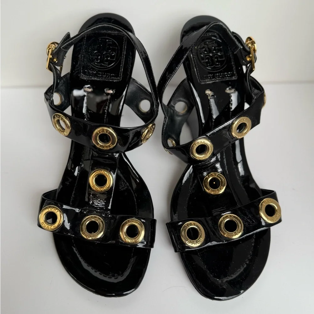 TORY BURCH Kathryn Black Patent Leather Gold Rivet Wedge Heel‎ Sandals Size 7.5